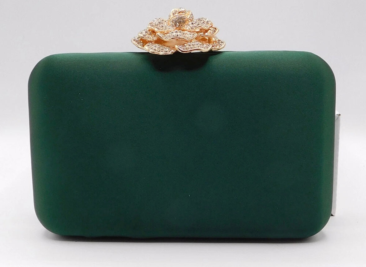 Evening Handbag with Rhinestone Rose-Emerald Green
