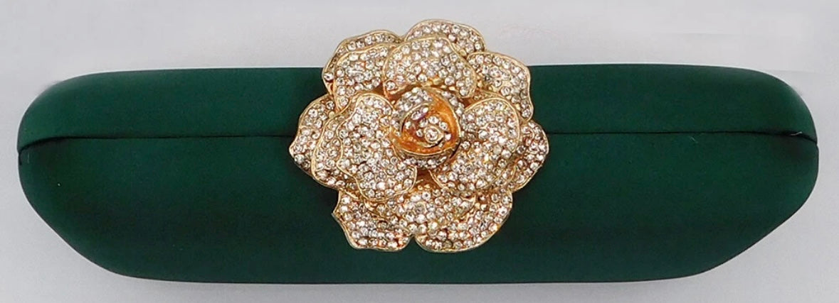 Evening Handbag with Rhinestone Rose-Emerald Green
