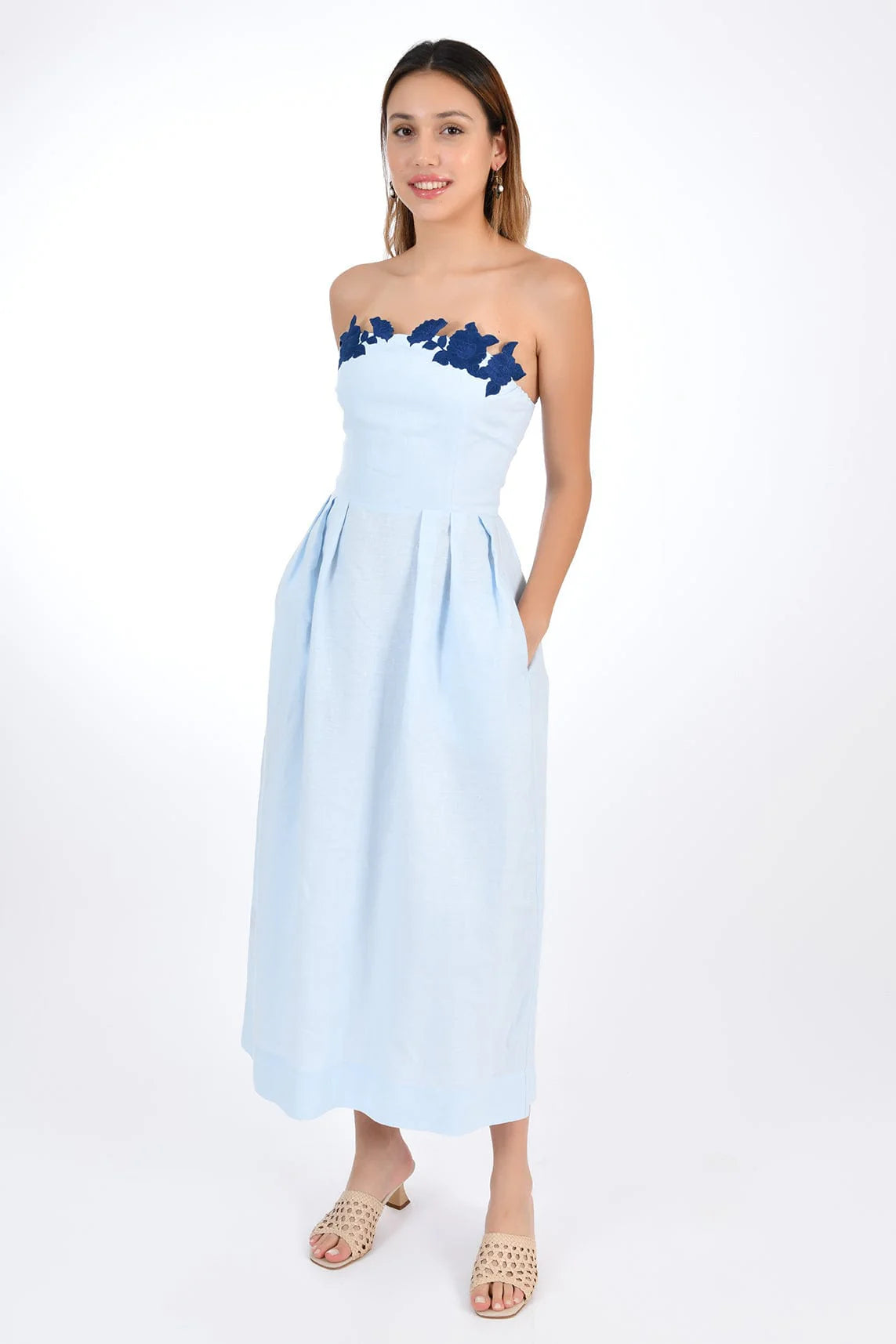 Fanm Mon Lorr Linen Dress with Hand Embroidered Flowers