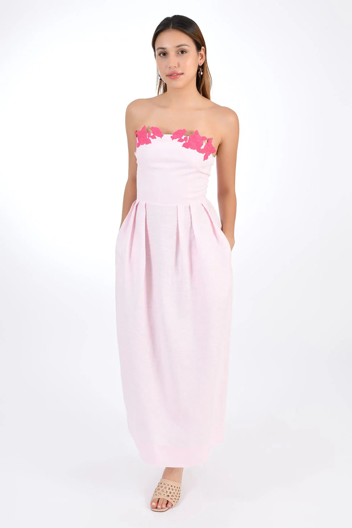 Fanm Mon Lorr Linen Dress with Hand Embroidered Flowers
