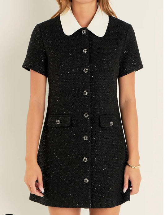 Collar Pointed Tweed Mini Dress-English Factory