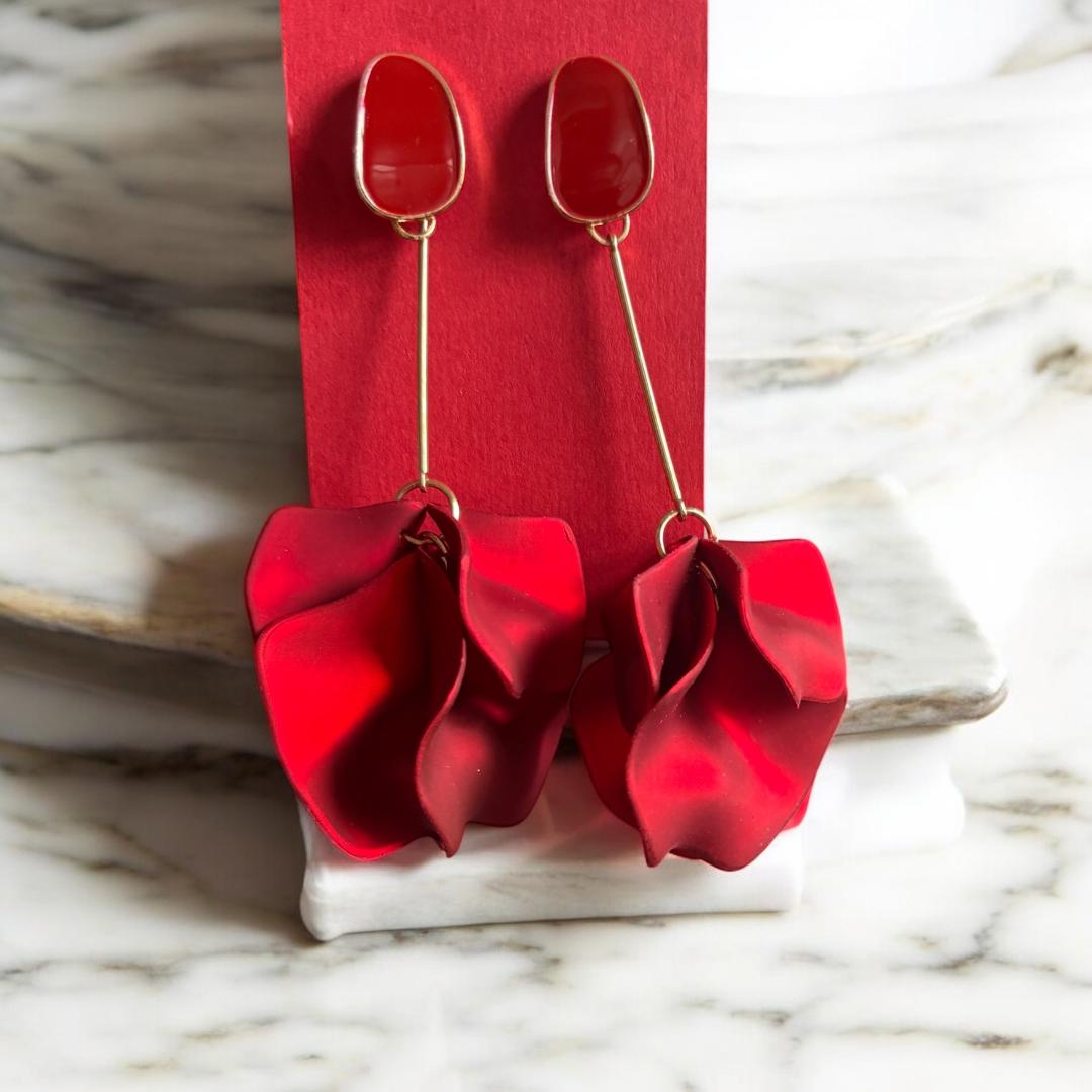 Flower Drop Dangle Earrings-Red
