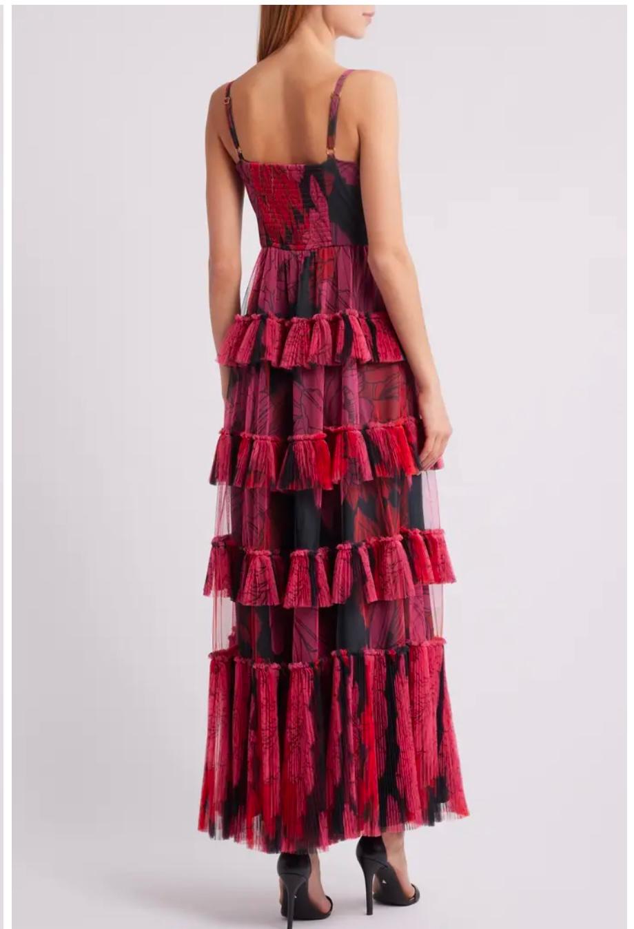 HUTCH-Freya Tulle Plisse Ruffle Gown, Pink Floral