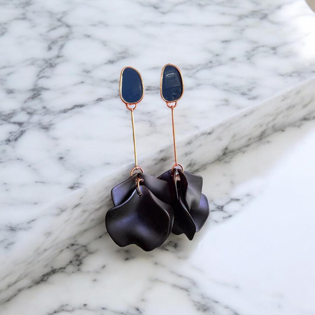 Flower Drop Dangle Earrings-Navy Blue