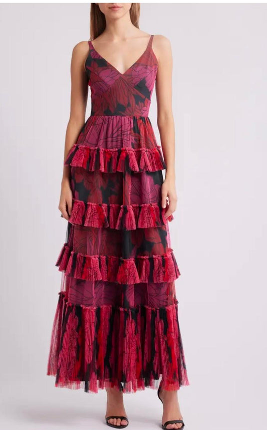 HUTCH-Freya Tulle Plisse Ruffle Gown, Pink Floral