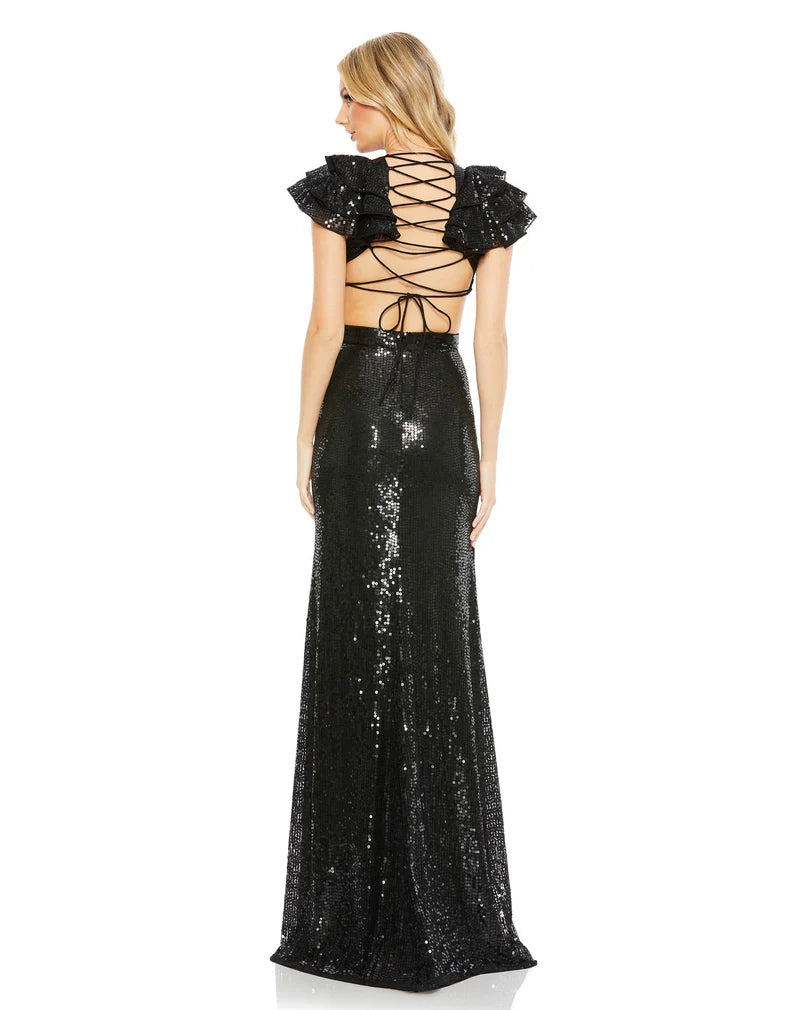 Mac Duggal Ruffle Sleeve Lace Up Sequin Dress-Style 10829