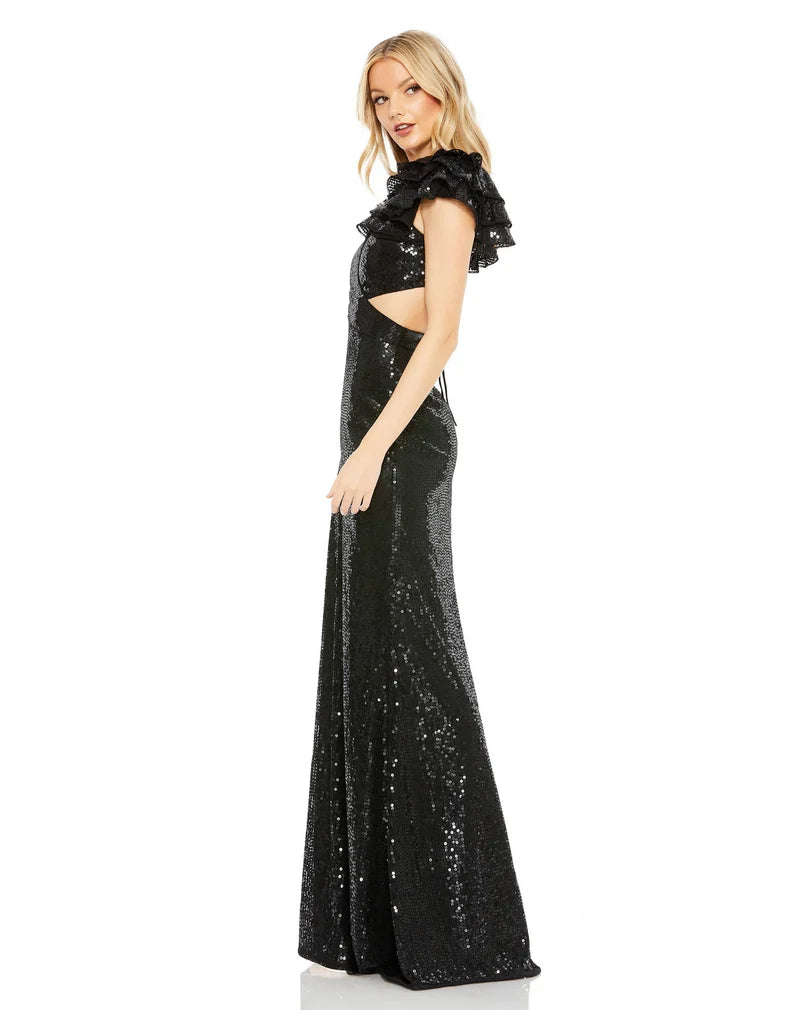 Mac Duggal Ruffle Sleeve Lace Up Sequin Dress-Style 10829