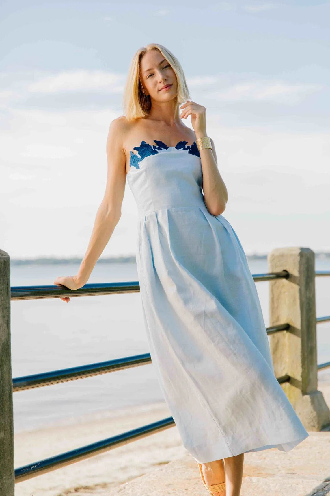 Fanm Mon Lorr Linen Dress with Hand Embroidered Flowers