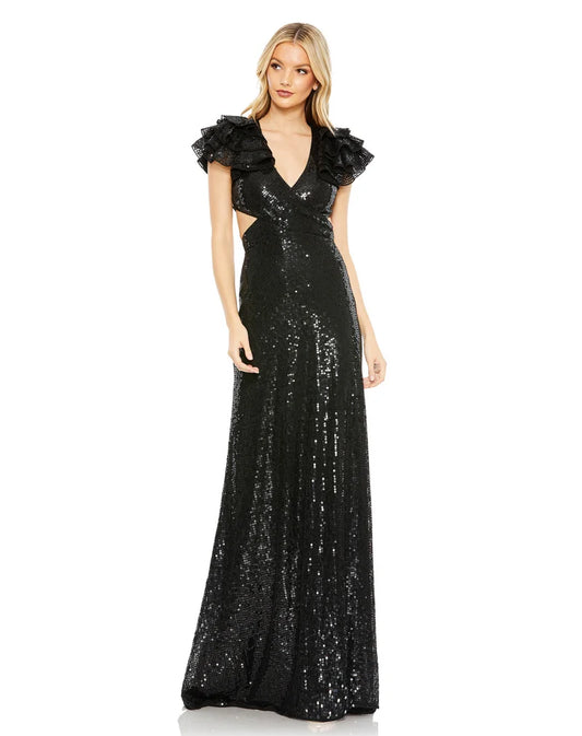 Mac Duggal Ruffle Sleeve Lace Up Sequin Dress-Style 10829