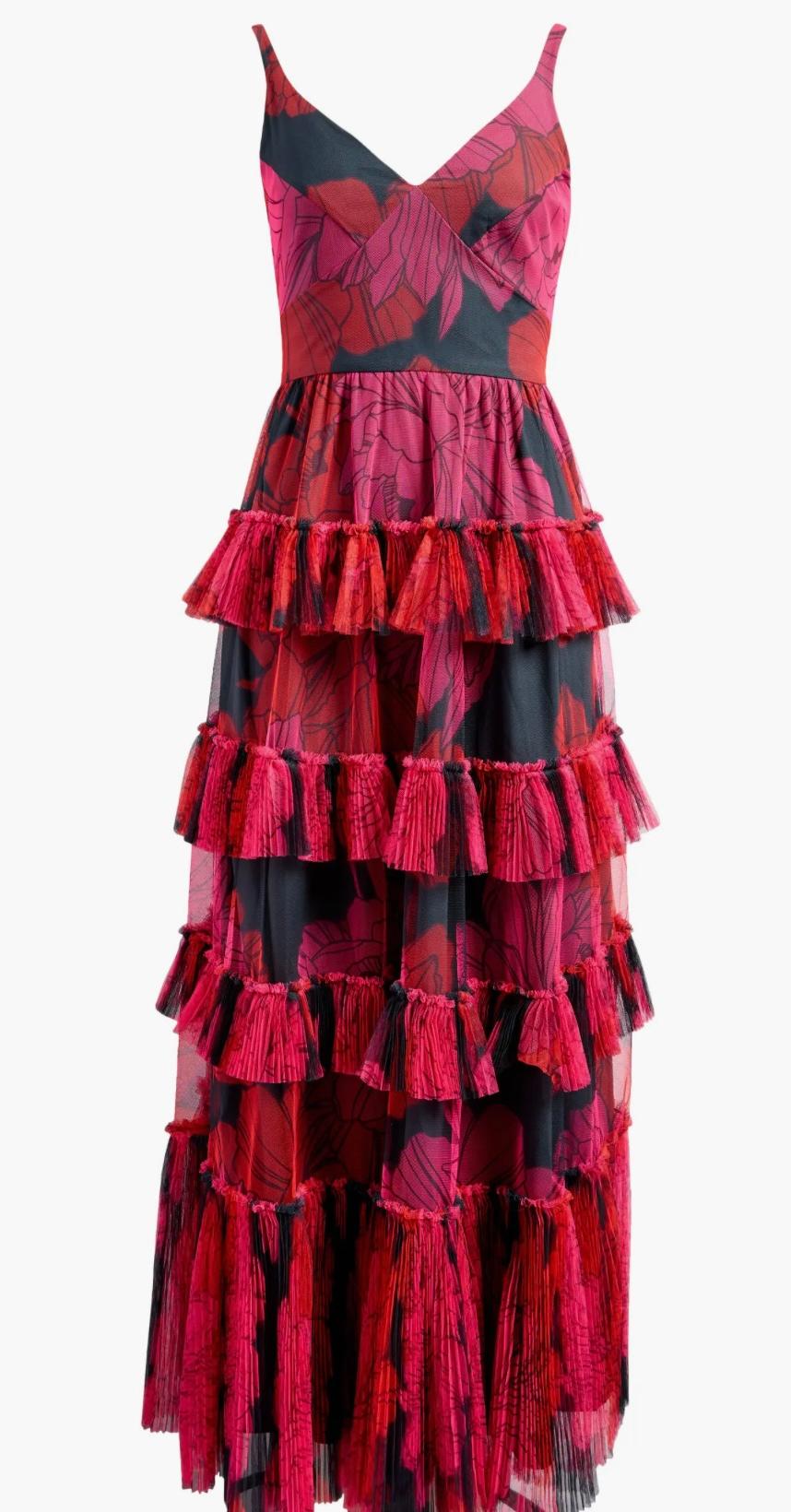 HUTCH-Freya Tulle Plisse Ruffle Gown, Pink Floral