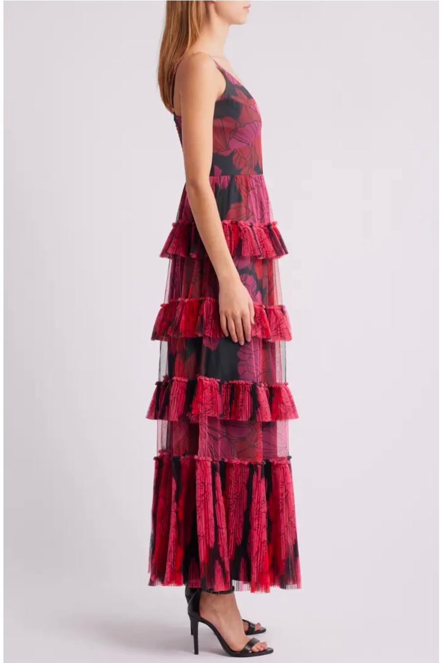 HUTCH-Freya Tulle Plisse Ruffle Gown, Pink Floral