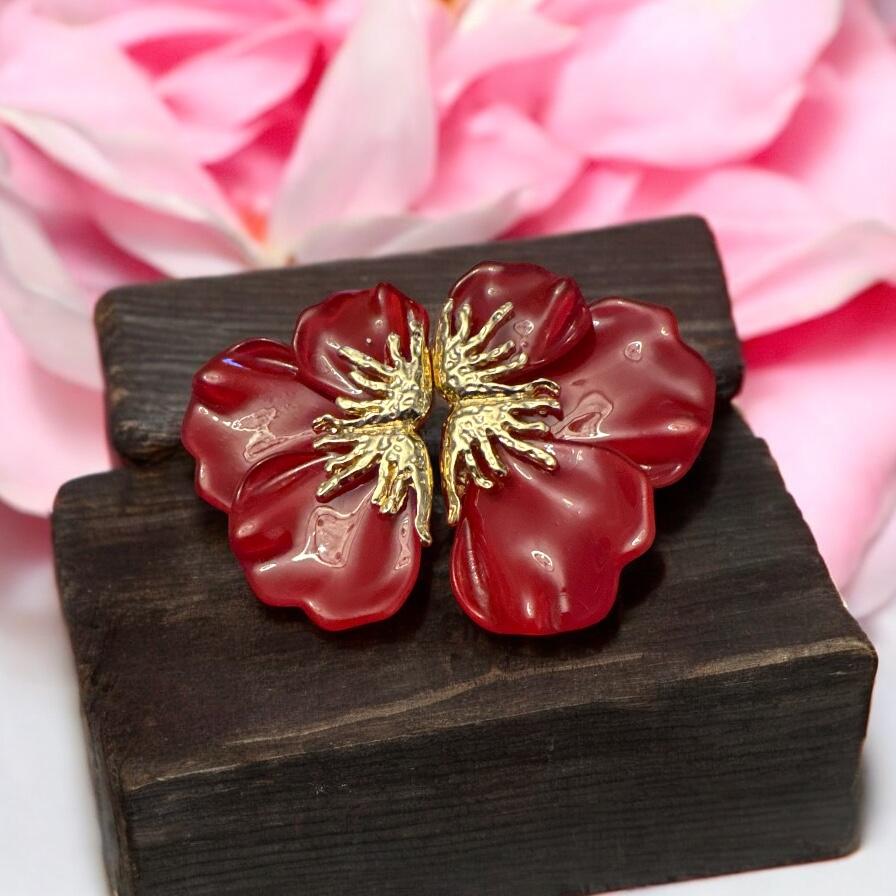 Half Petal Red Earrings with Gold Detail