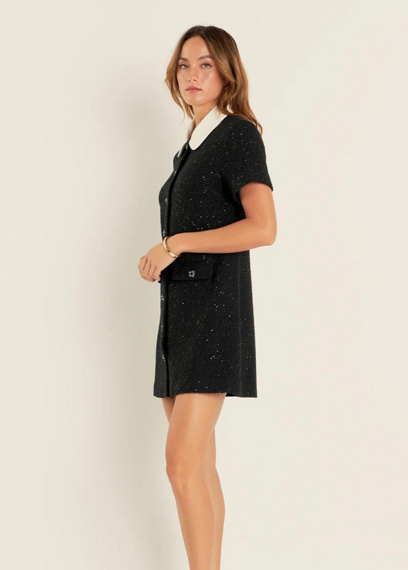 Collar Pointed Tweed Mini Dress-English Factory