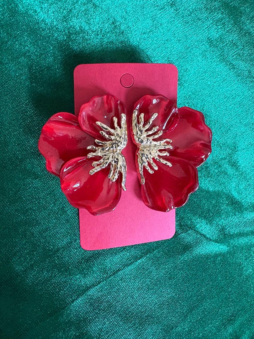 Half Petal Red Earrings with Gold Detail