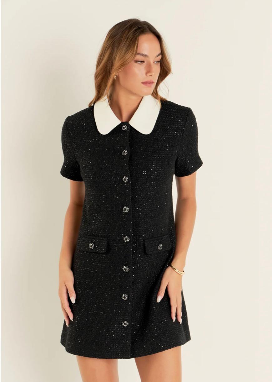 Collar Pointed Tweed Mini Dress-English Factory